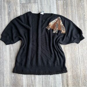 Vintage 80s Dolman Sleeve Statement Sweater Black Leopard Print appliqué